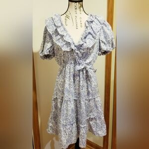 Indigo Rose Blue Floral Ruffle Vneck Tiered Dress L Tie Waist Puff Sleeve Cotton